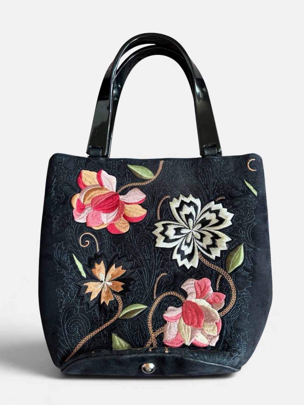 Vintage Y2K Talbots Embroidered Floral Tote Microseude Bag in Black, Pink, Cream